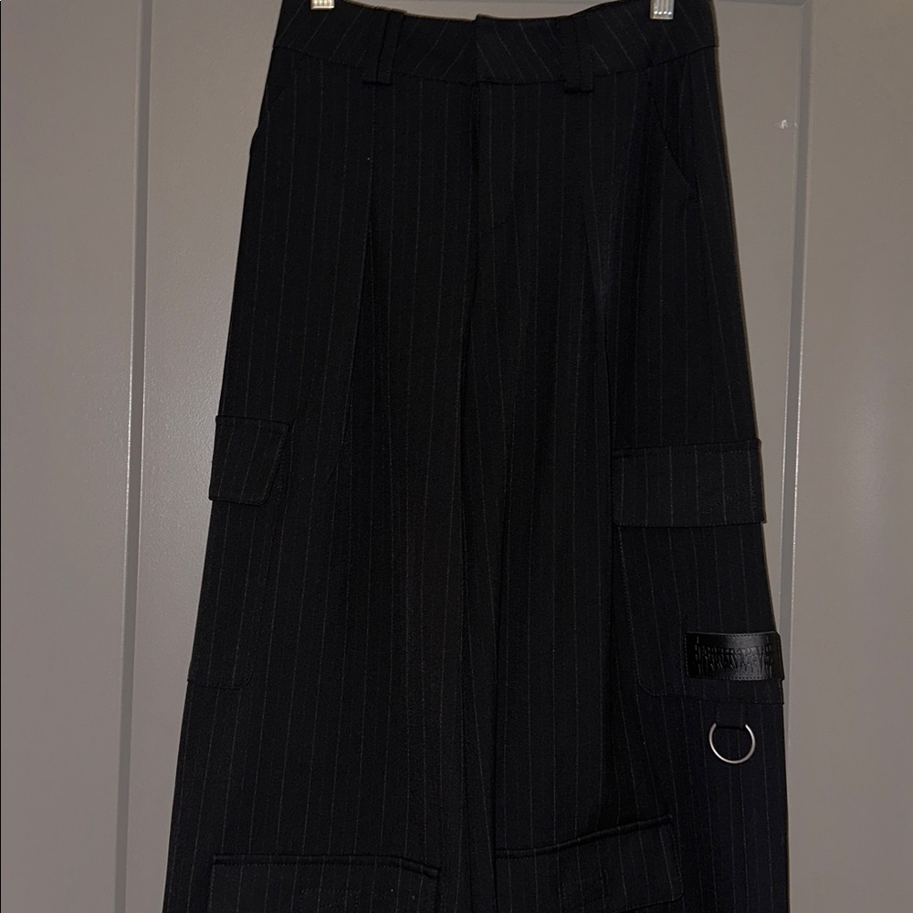 Darker Wavs Pinstripe Wide Leg Cargo Corporate goth pants